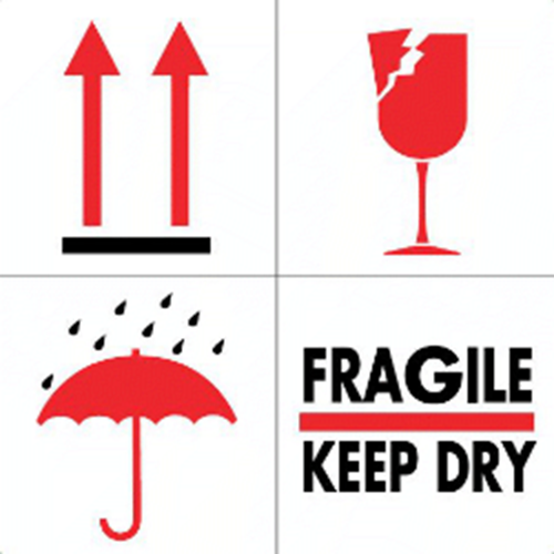 Flèche/Verre/Parapluie/Fragile | Auto-adhésif | Homologué BS5609 | IATA | ADR | IMDG | ADN | RID