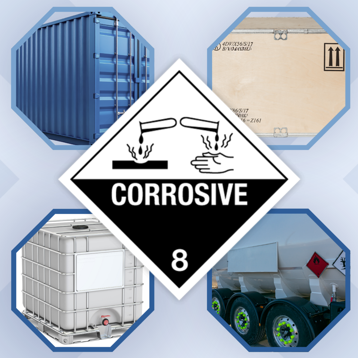 Class 8 | 8.0 Corrosive substances | With text | "Corrosive" | Self-adhesive for Dangerous Goods Transport | Water and UV Resistant Polypropylene | BS5609 | IATA | ADR | IMDG | ADN | RID