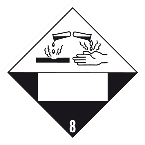 Clase 8 | 8.0 Sustancias corrosivas | Con impresión de código UN | Autoadhesivo para el transporte de mercancías peligrosas | Polipropileno resistente al agua y a los rayos UV | BS5609 | IATA | ADR | IMDG | ADN | RID