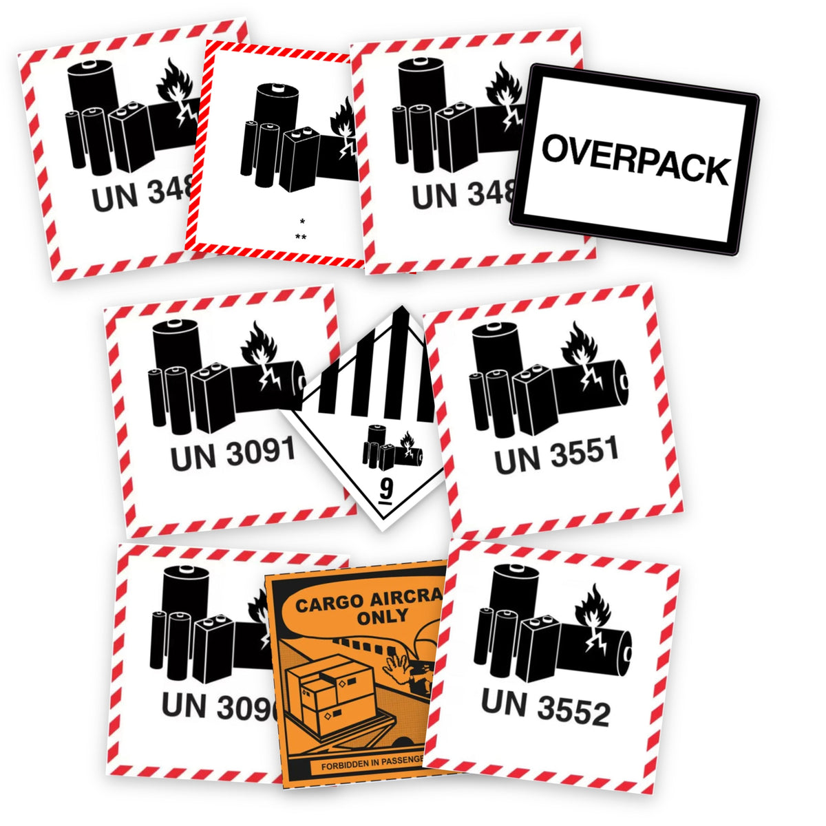 Lithium and sodium-ion battery label kit: 10 packs of 10 labels
