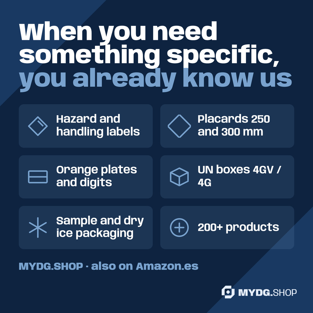The MYDG.SHOP range: labels, placards, orange plates, UN boxes