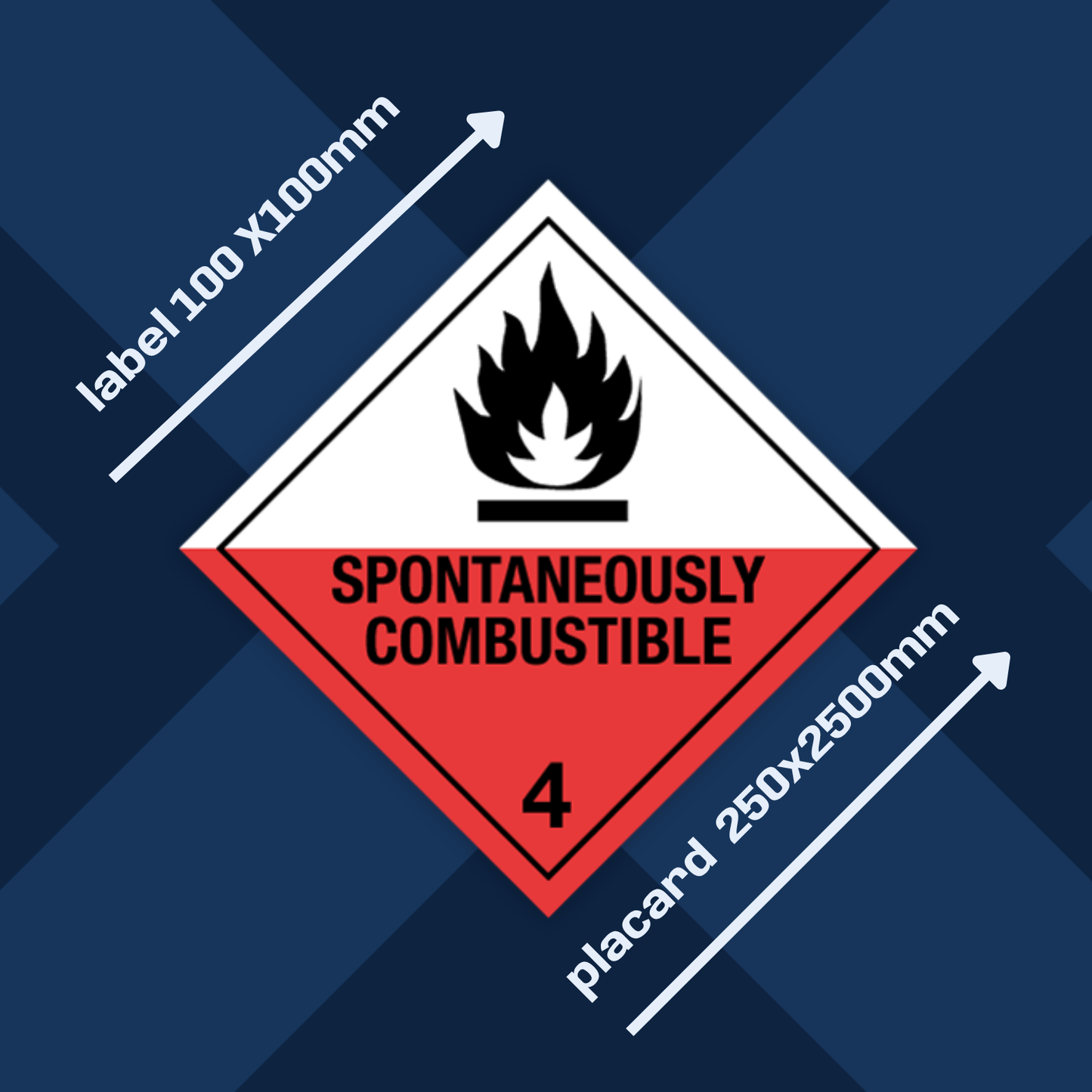 Class 4 | 4.2 Substances liable to spontaneous combustion | With text | "Spontaneously Combustible" | Self-adhesive for Dangerous Goods Transport | Water and UV Resistant Polypropylene | BS5609 | IATA | ADR | IMDG | ADN | RID