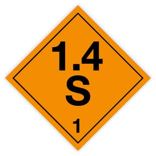 Class 1 | Explosive | 1.4S text | Self-adhesive for Dangerous Goods Transport | Water and UV Resistant Polypropylene | BS5609 | IATA | ADR | IMDG | ADN | RID