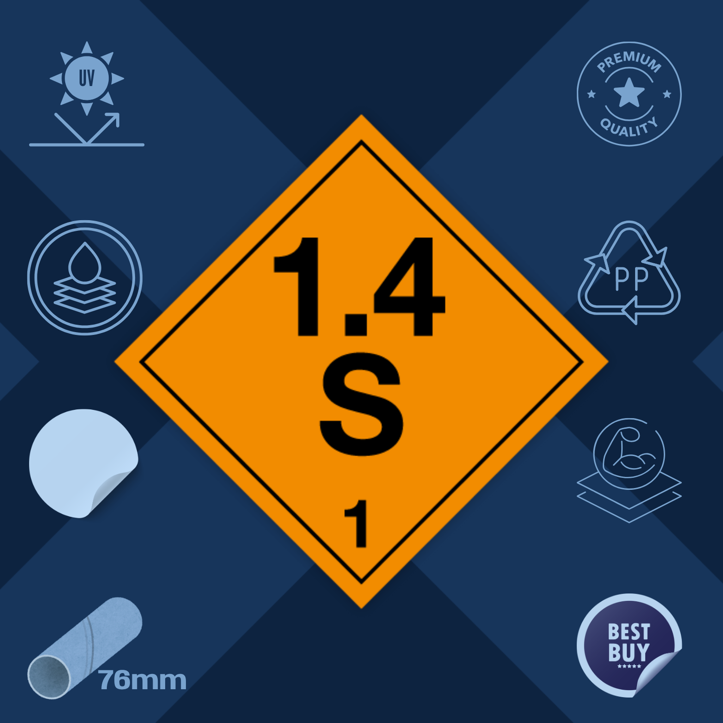 Class 1 | Explosive | 1.4S text | Self-adhesive for Dangerous Goods Transport | Water and UV Resistant Polypropylene | BS5609 | IATA | ADR | IMDG | ADN | RID