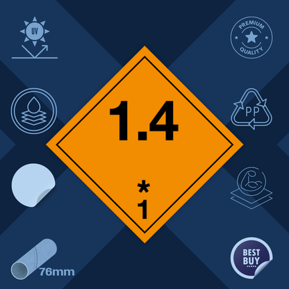 Class 1 | Explosive | 1.4 text | Self-adhesive for Dangerous Goods Transport | Water and UV Resistant Polypropylene | BS5609 | IATA | ADR | IMDG | ADN | RID