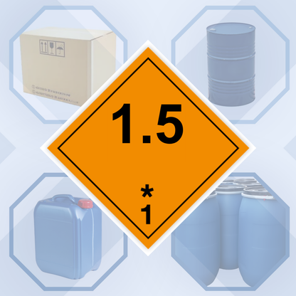 Class 1 | Explosive | 1.5 text | Self-adhesive for Dangerous Goods Transport | Water and UV Resistant Polypropylene | BS5609 | IATA | ADR | IMDG | ADN | RID