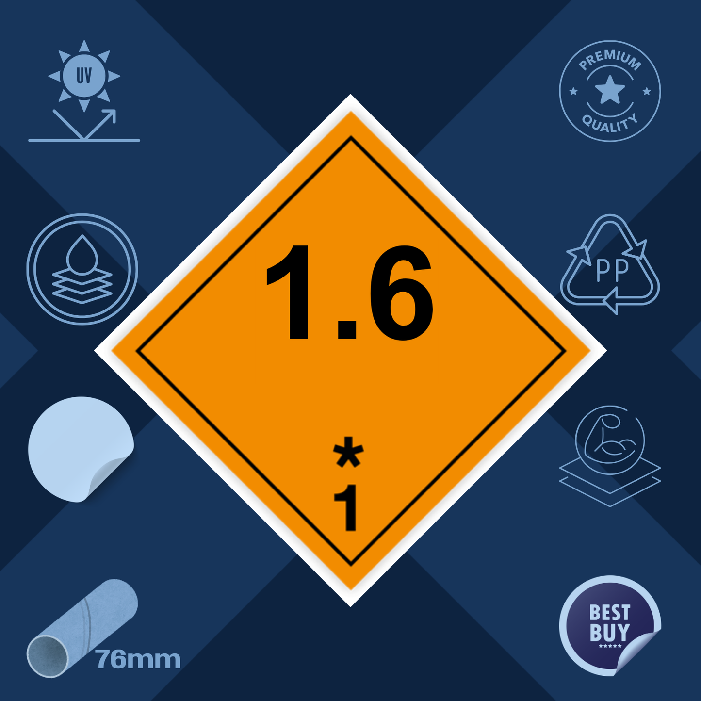 Class 1 | Explosive | 1.6 text | Self-adhesive for Dangerous Goods Transport | Water and UV Resistant Polypropylene | BS5609 | IATA | ADR | IMDG | ADN | RID