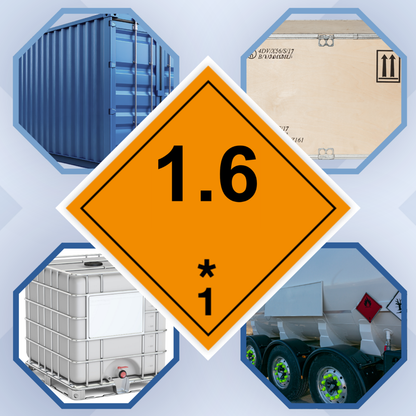 Class 1 | Explosive | 1.6 text | Self-adhesive for Dangerous Goods Transport | Water and UV Resistant Polypropylene | BS5609 | IATA | ADR | IMDG | ADN | RID
