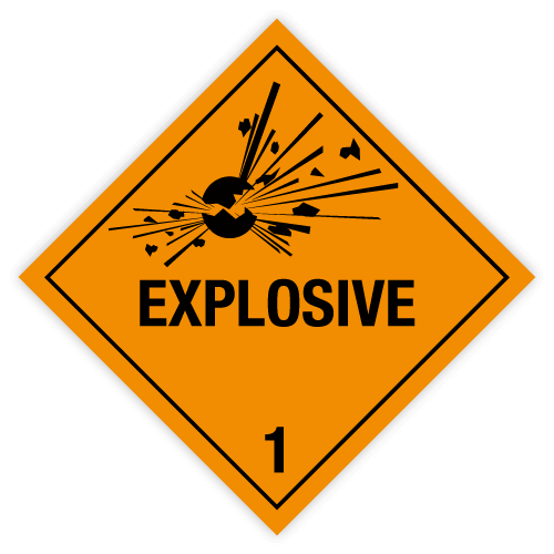 Class 1 | Explosive | With text | Self-adhesive for Dangerous Goods Transport | Water and UV Resistant Polypropylene | BS5609 | IATA | ADR | IMDG | ADN | RID
