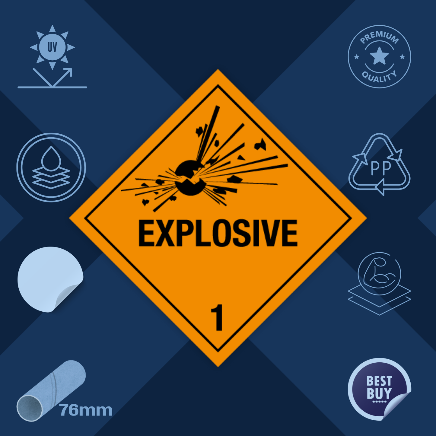Class 1 | Explosive | With text | Self-adhesive for Dangerous Goods Transport | Water and UV Resistant Polypropylene | BS5609 | IATA | ADR | IMDG | ADN | RID