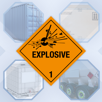 Class 1 | Explosive | With text | Self-adhesive for Dangerous Goods Transport | Water and UV Resistant Polypropylene | BS5609 | IATA | ADR | IMDG | ADN | RID