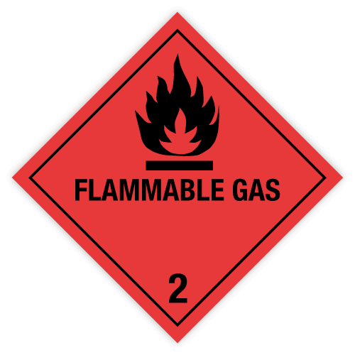 Class 2 | 2.1 Flammable gases| With text | Self-adhesive for Dangerous Goods Transport | Water and UV Resistant Polypropylene | BS5609 | IATA | ADR | IMDG | ADN | RID