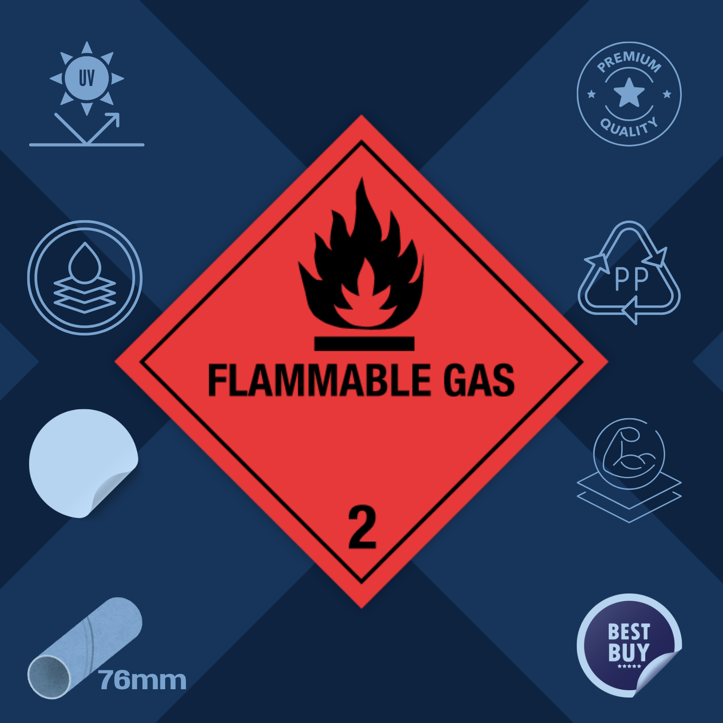 Class 2 | 2.1 Flammable gases| With text | Self-adhesive for Dangerous Goods Transport | Water and UV Resistant Polypropylene | BS5609 | IATA | ADR | IMDG | ADN | RID