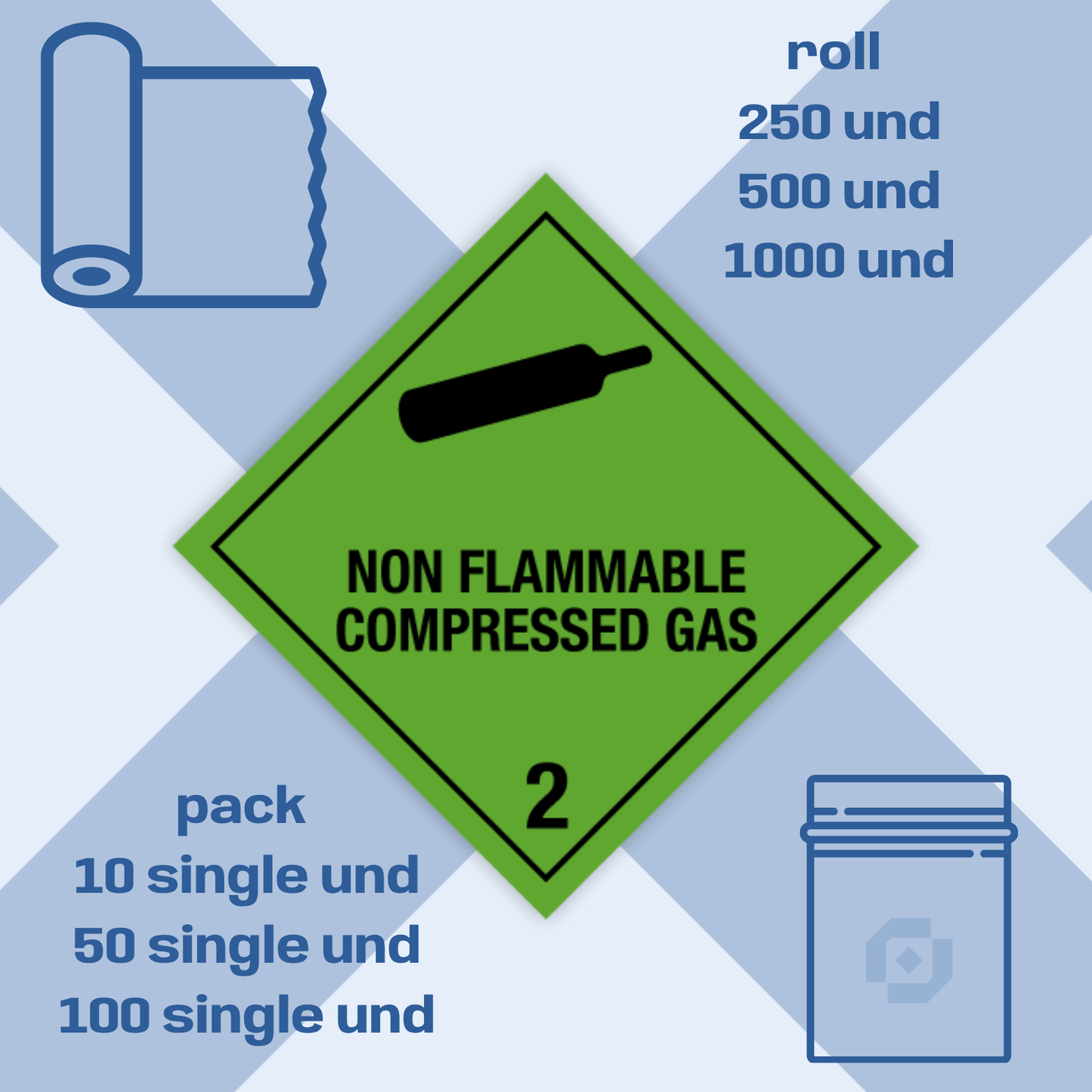 Classe 2 | 2.2 Gaz comprimés | Avec texte | « Gaz comprimé ininflammable » | Autocollant | Homologué BS5609 | IATA | ADR | IMDG | ADN | RID 
