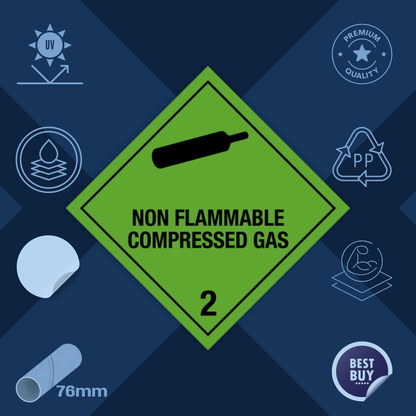 Classe 2 | 2.2 Gaz comprimés | Avec texte | « Gaz comprimé ininflammable » | Autocollant | Homologué BS5609 | IATA | ADR | IMDG | ADN | RID 