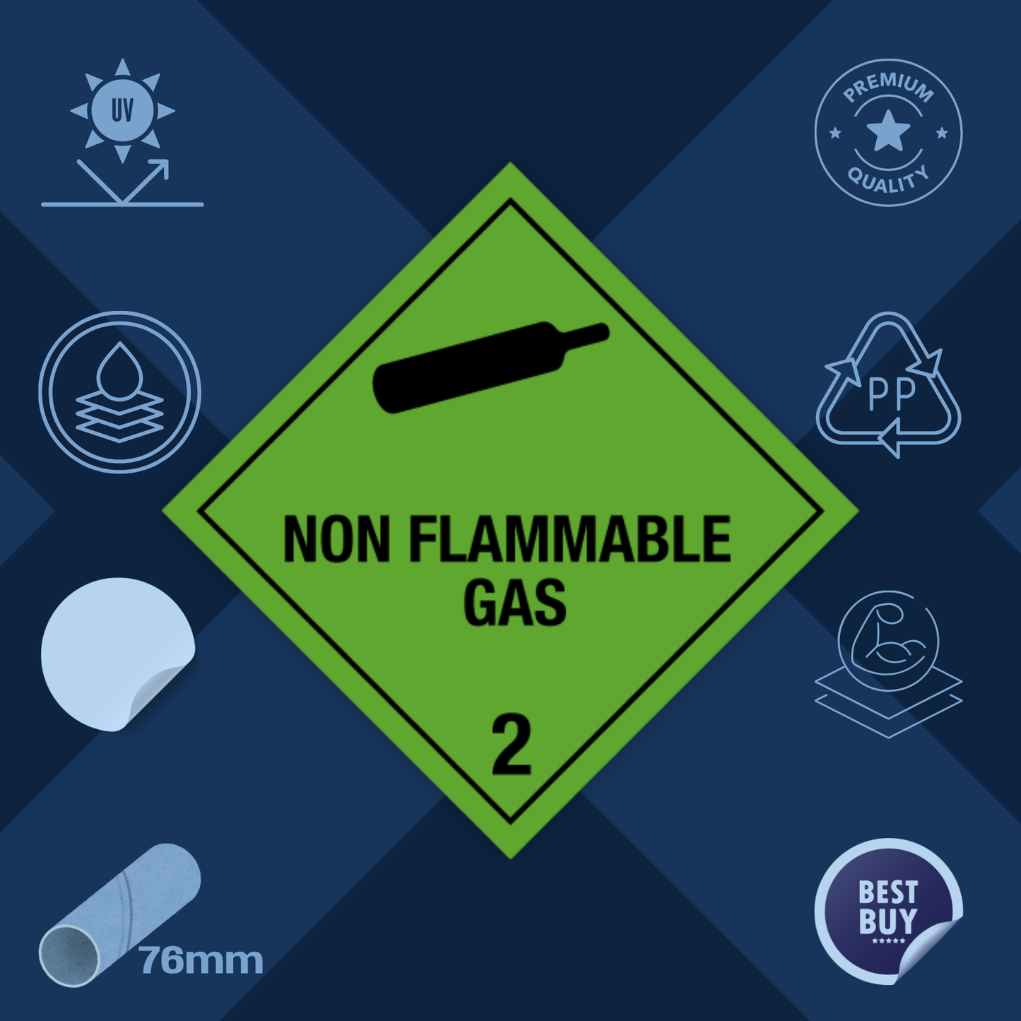 Class 2 | 2.2 Compressed gases| With text | "Non-flammable Gas" | Self-adhesive for Dangerous Goods Transport | Water and UV Resistant Polypropylene | BS5609 | IATA | ADR | IMDG | ADN | RID