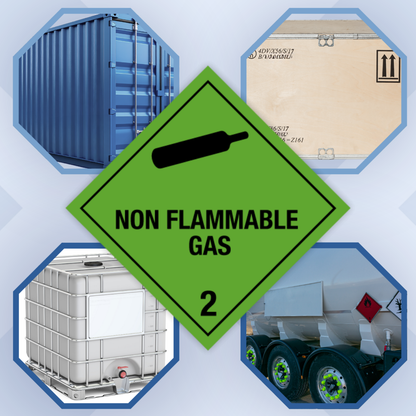 Class 2 | 2.2 Compressed gases| With text | "Non-flammable Gas" | Self-adhesive for Dangerous Goods Transport | Water and UV Resistant Polypropylene | BS5609 | IATA | ADR | IMDG | ADN | RID