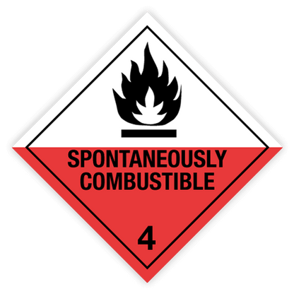 Class 4 | 4.2 Substances liable to spontaneous combustion | With text | "Spontaneously Combustible" | Self-adhesive for Dangerous Goods Transport | Water and UV Resistant Polypropylene | BS5609 | IATA | ADR | IMDG | ADN | RID
