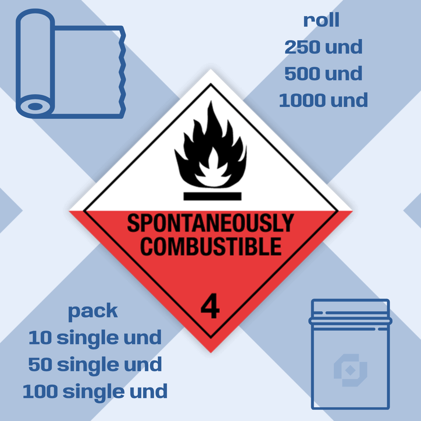 Class 4 | 4.2 Substances liable to spontaneous combustion | With text | "Spontaneously Combustible" | Self-adhesive for Dangerous Goods Transport | Water and UV Resistant Polypropylene | BS5609 | IATA | ADR | IMDG | ADN | RID