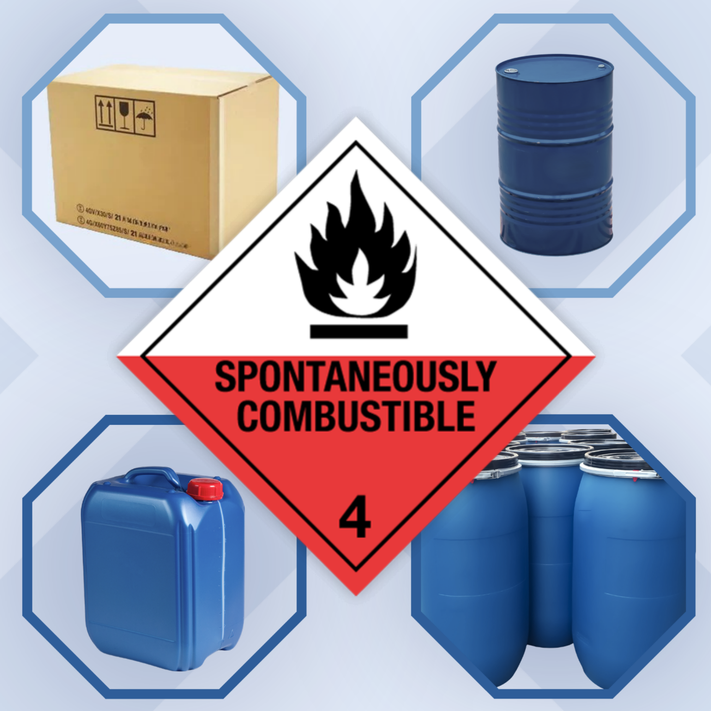 Class 4 | 4.2 Substances liable to spontaneous combustion | With text | "Spontaneously Combustible" | Self-adhesive for Dangerous Goods Transport | Water and UV Resistant Polypropylene | BS5609 | IATA | ADR | IMDG | ADN | RID