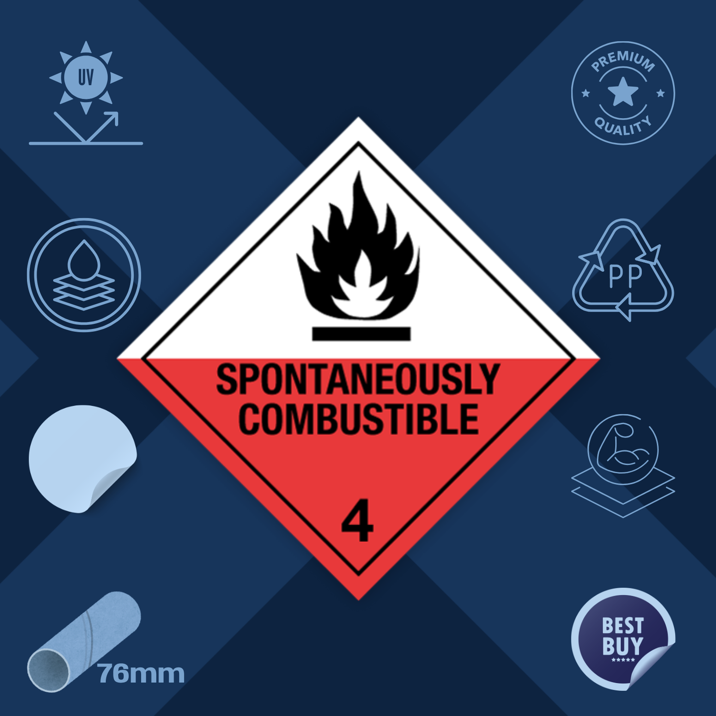 Class 4 | 4.2 Substances liable to spontaneous combustion | With text | "Spontaneously Combustible" | Self-adhesive for Dangerous Goods Transport | Water and UV Resistant Polypropylene | BS5609 | IATA | ADR | IMDG | ADN | RID