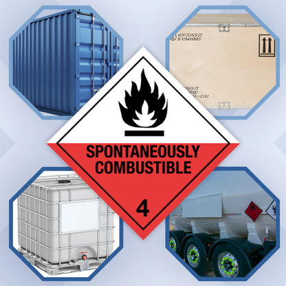 Class 4 | 4.2 Substances liable to spontaneous combustion | With text | "Spontaneously Combustible" | Self-adhesive for Dangerous Goods Transport | Water and UV Resistant Polypropylene | BS5609 | IATA | ADR | IMDG | ADN | RID