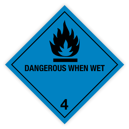 Classe 4 | 4.3 Substances qui dégagent des gaz inflammables au contact de l'eau | Avec mention « Dangereux au contact de l'eau » | Autocollant | Homologué BS5609 | IATA | ADR | IMDG | ADN | RID 