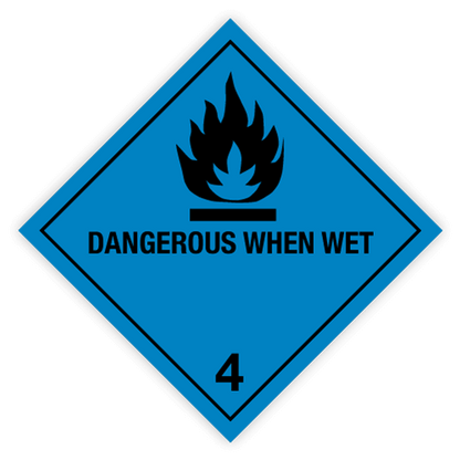 Classe 4 | 4.3 Substances qui dégagent des gaz inflammables au contact de l'eau | Avec mention « Dangereux au contact de l'eau » | Autocollant | Homologué BS5609 | IATA | ADR | IMDG | ADN | RID 