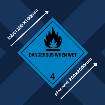 Classe 4 | 4.3 Substances qui dégagent des gaz inflammables au contact de l'eau | Avec mention « Dangereux au contact de l'eau » | Autocollant | Homologué BS5609 | IATA | ADR | IMDG | ADN | RID 