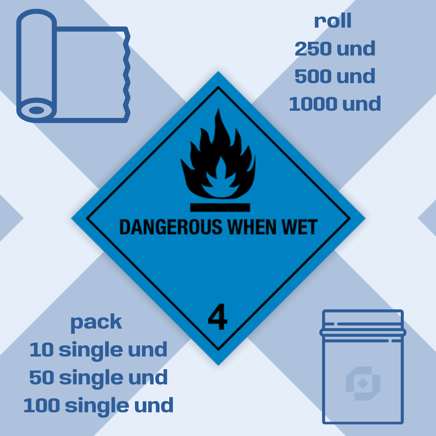 Classe 4 | 4.3 Substances qui dégagent des gaz inflammables au contact de l'eau | Avec mention « Dangereux au contact de l'eau » | Autocollant | Homologué BS5609 | IATA | ADR | IMDG | ADN | RID 