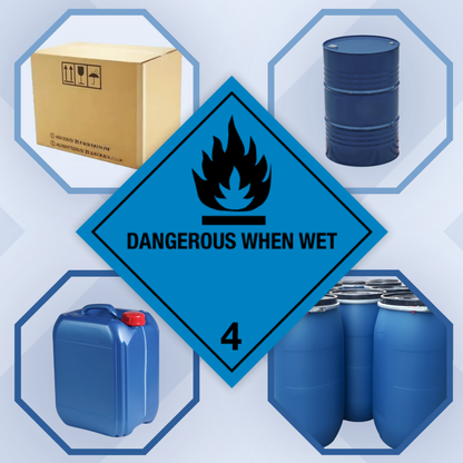 Classe 4 | 4.3 Substances qui dégagent des gaz inflammables au contact de l'eau | Avec mention « Dangereux au contact de l'eau » | Autocollant | Homologué BS5609 | IATA | ADR | IMDG | ADN | RID 