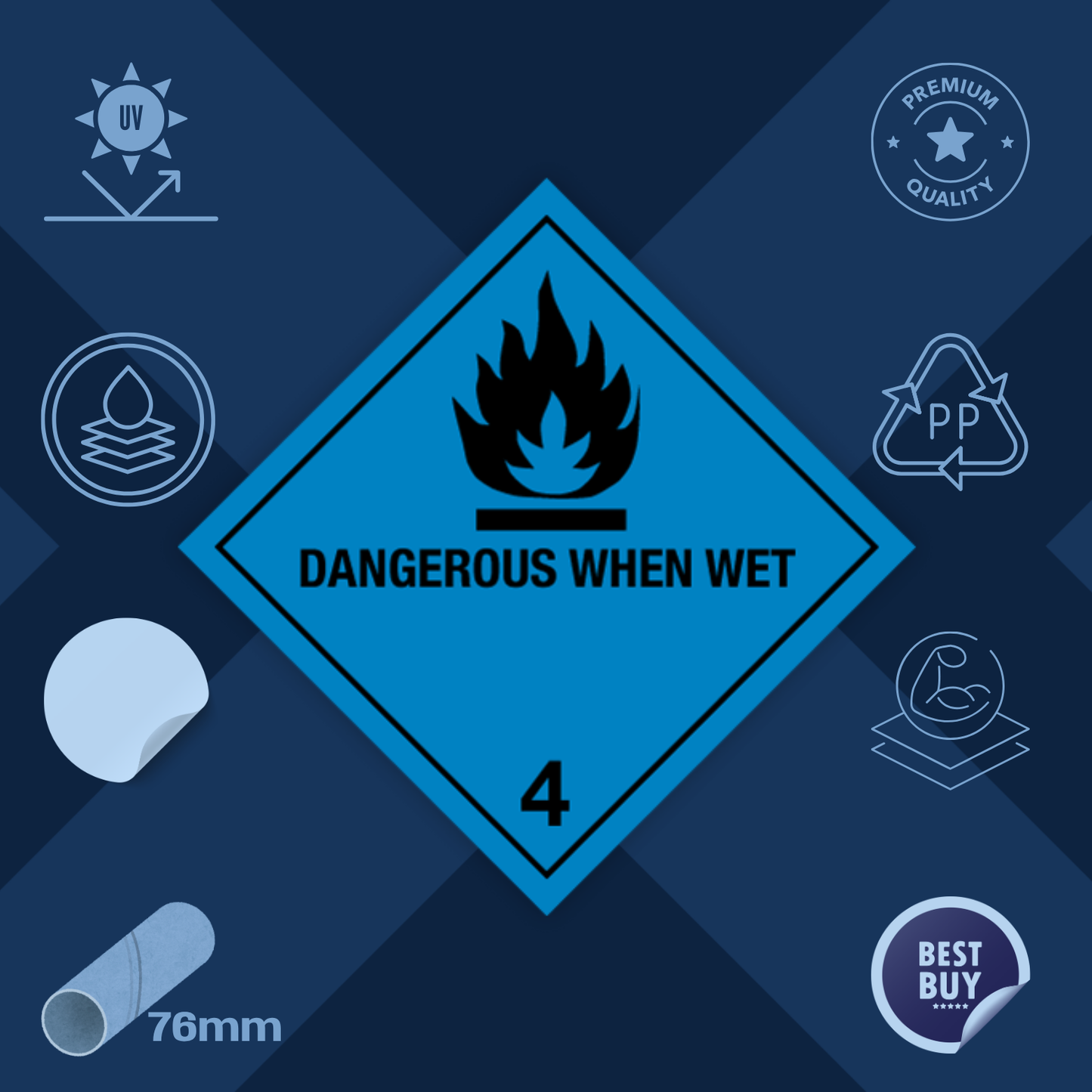 Classe 4 | 4.3 Substances qui dégagent des gaz inflammables au contact de l'eau | Avec mention « Dangereux au contact de l'eau » | Autocollant | Homologué BS5609 | IATA | ADR | IMDG | ADN | RID 