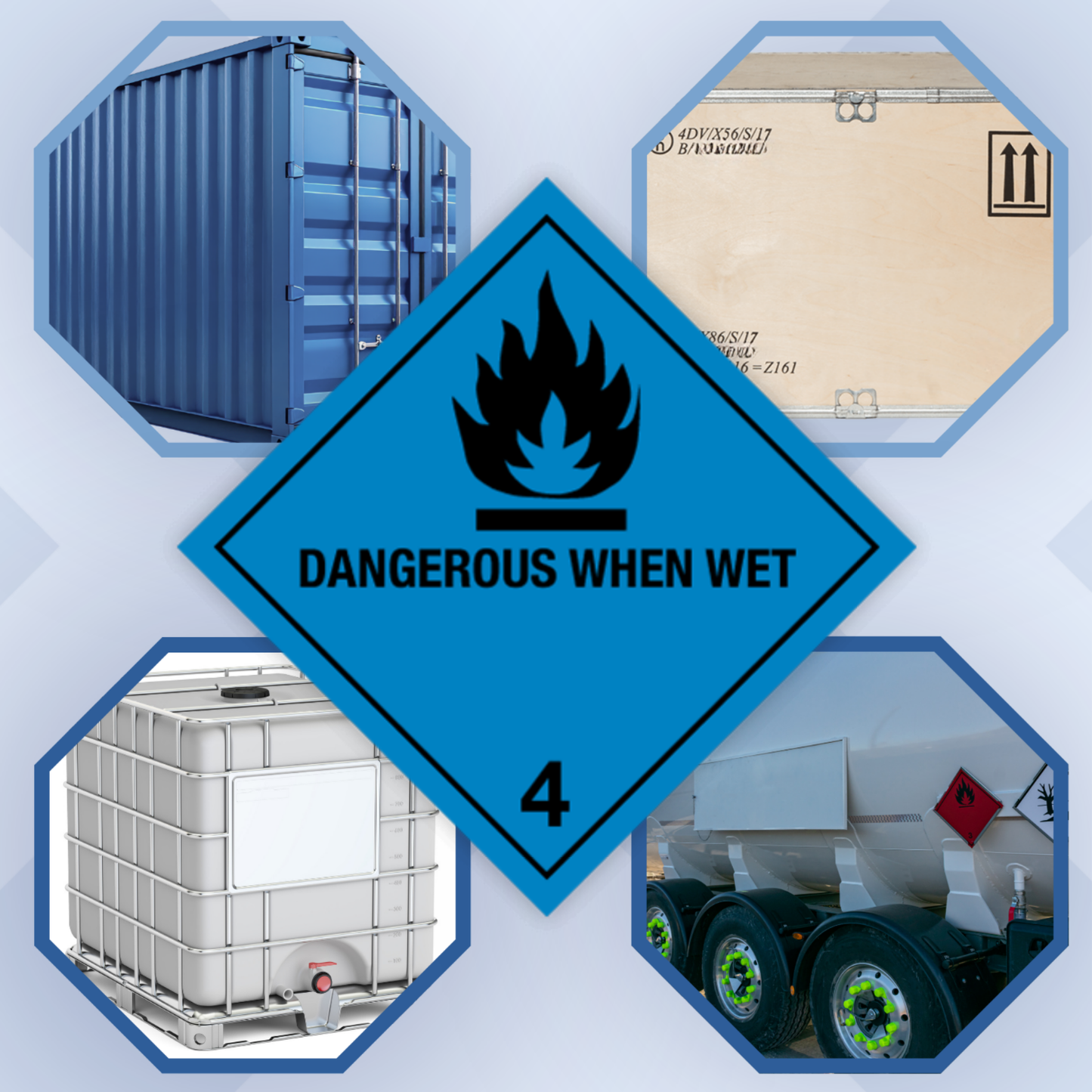 Classe 4 | 4.3 Substances qui dégagent des gaz inflammables au contact de l'eau | Avec mention « Dangereux au contact de l'eau » | Autocollant | Homologué BS5609 | IATA | ADR | IMDG | ADN | RID 