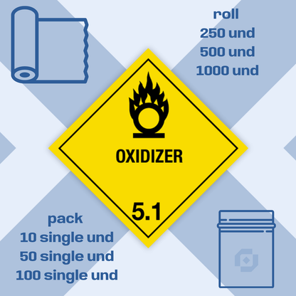 Class 5 | 5.1 Oxidizers | With text | "Oxidizer" | Self-adhesive for Dangerous Goods Transport | Water and UV Res | MYDG.SHOP