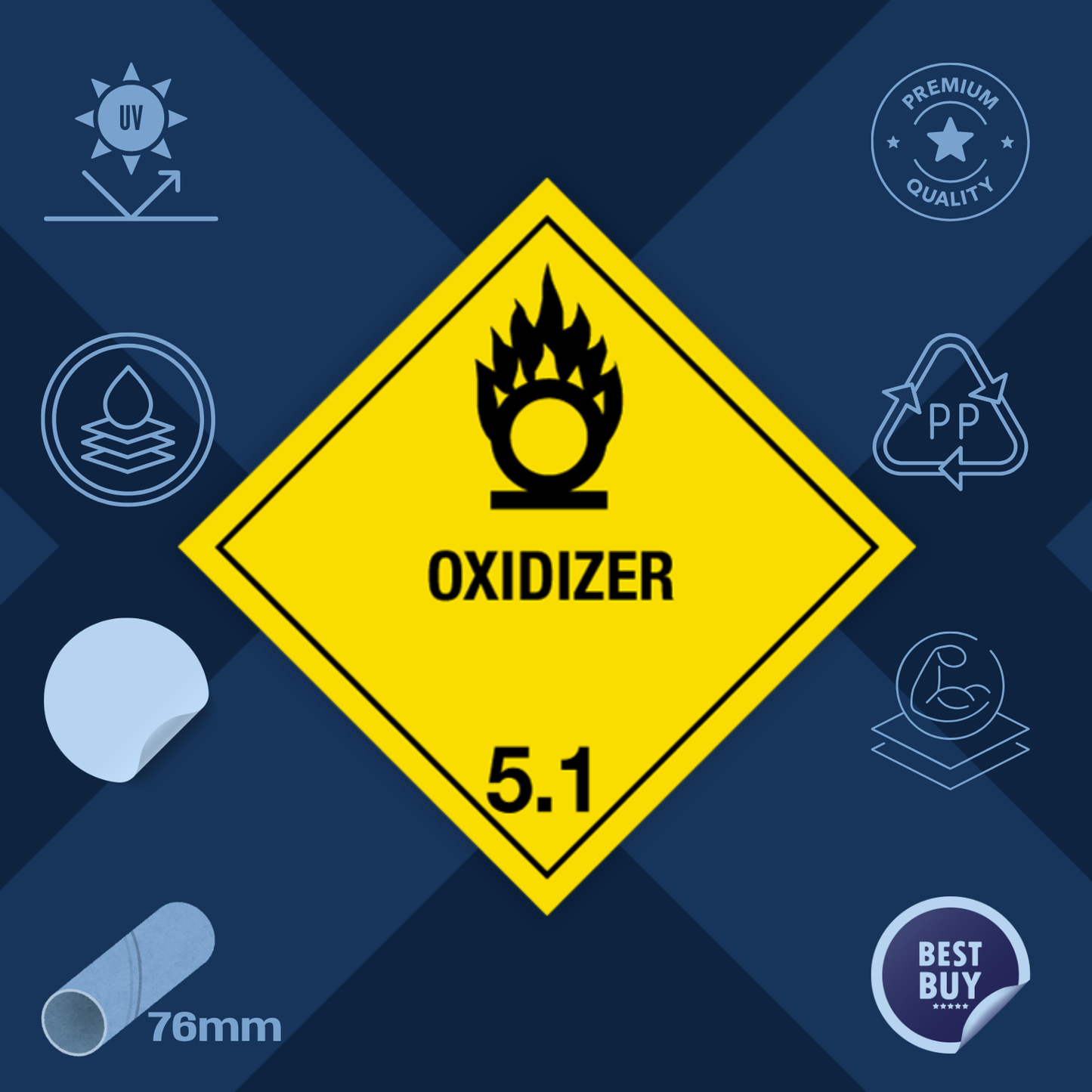 Class 5 | 5.1 Oxidizers | With text | "Oxidizer" | Self-adhesive for Dangerous Goods Transport | Water and UV Res | MYDG.SHOP