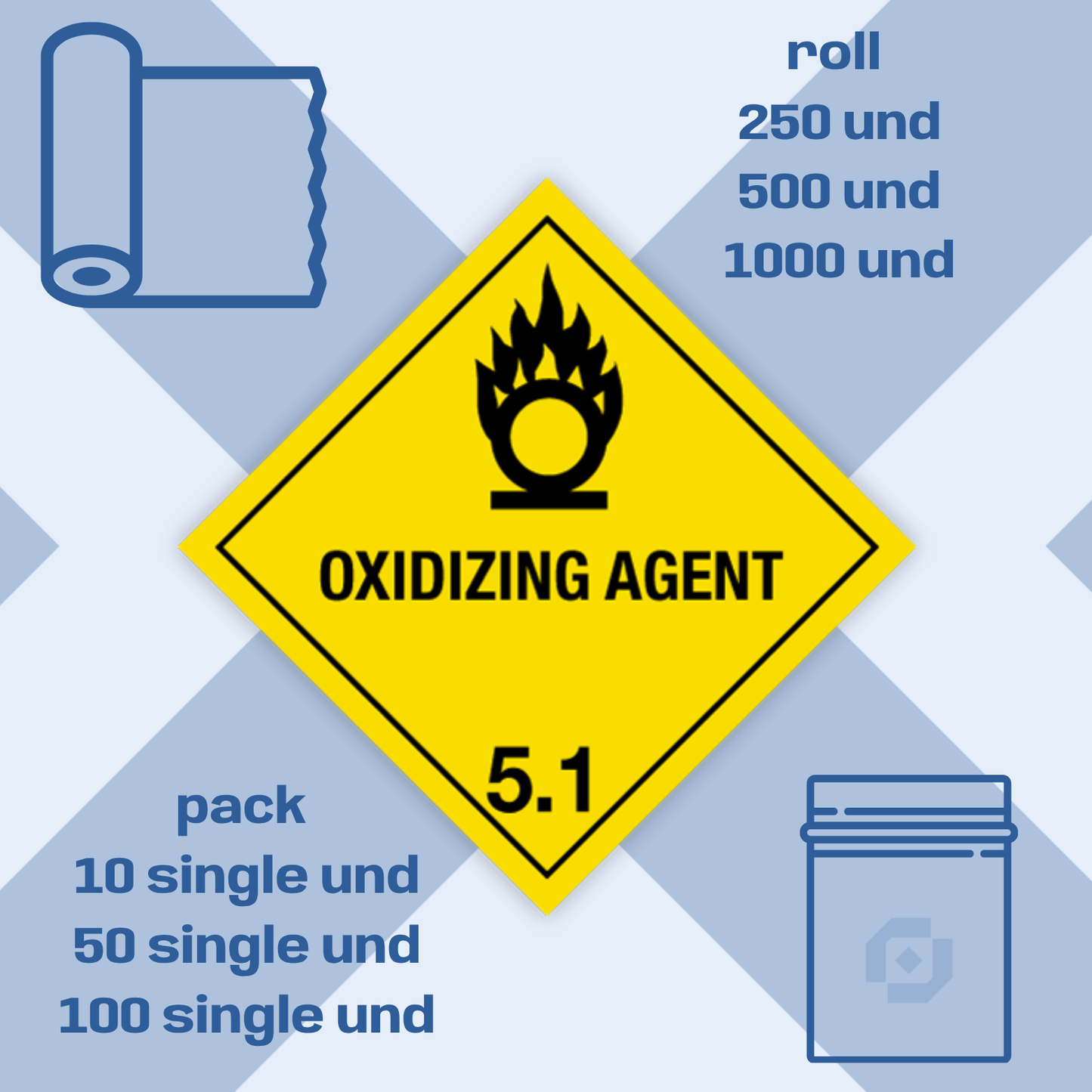 Class 5 | 5.1 Oxidizing agent | With text | "Oxidizing Agent" | Self-adhesive for Dangerous Goods Transport | Wat | MYDG.SHOP