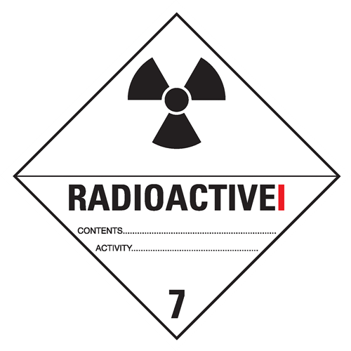 Class 7 | 7.1 Radioactive substances | With text | "Radioactive I" | Self-adhesive for Dangerous Goods Transport | Water and UV Resistant Polypropylene | BS5609 | IATA | ADR | IMDG | ADN | RID