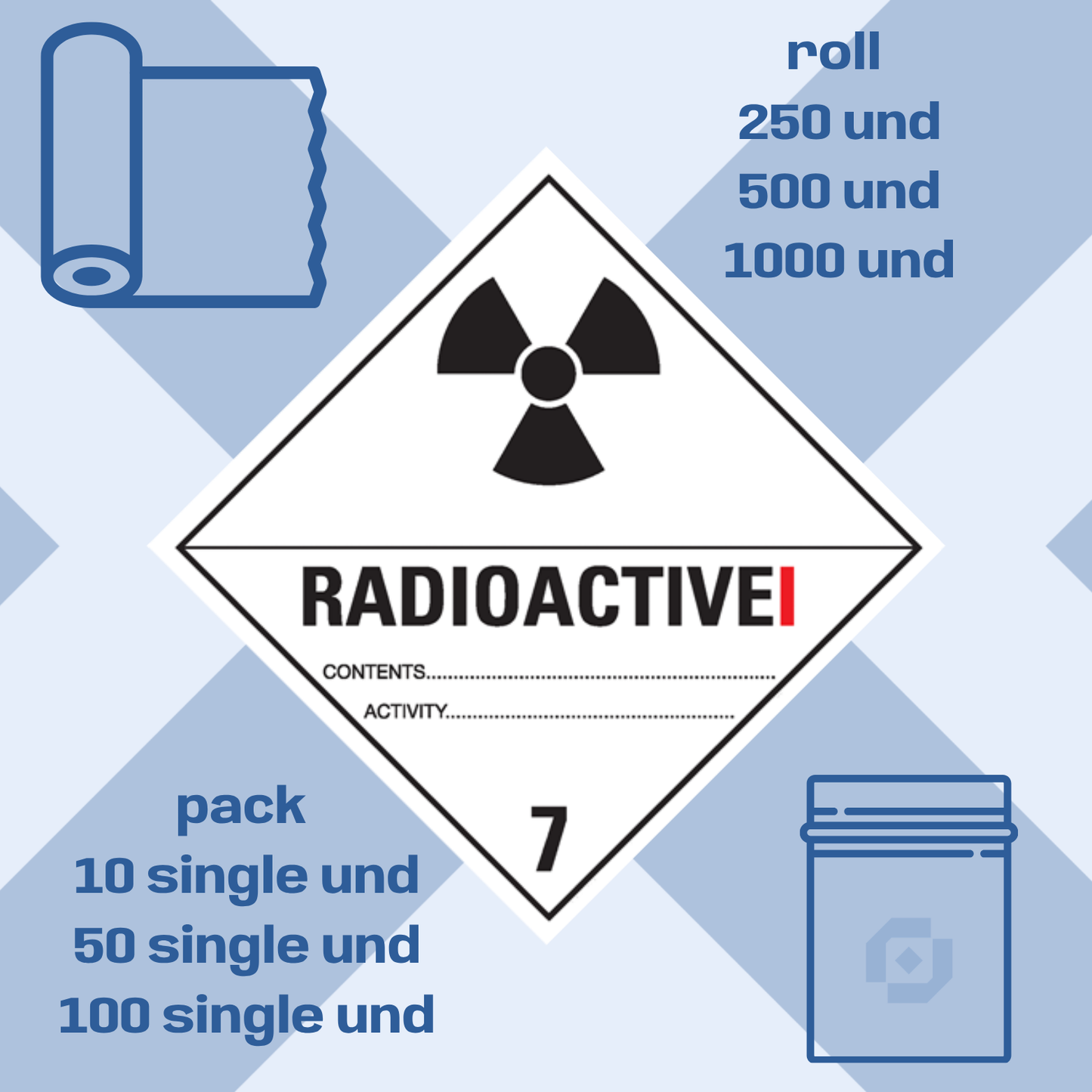 Class 7 | 7.1 Radioactive substances | With text | "Radioactive I" | Self-adhesive for Dangerous Goods Transport | Water and UV Resistant Polypropylene | BS5609 | IATA | ADR | IMDG | ADN | RID