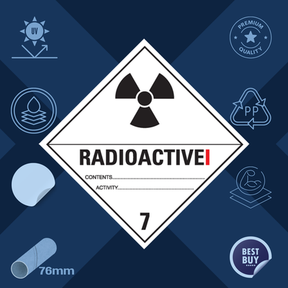 Class 7 | 7.1 Radioactive substances | With text | "Radioactive I" | Self-adhesive for Dangerous Goods Transport | Water and UV Resistant Polypropylene | BS5609 | IATA | ADR | IMDG | ADN | RID