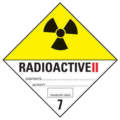 Classe 7 | 7.2 Substances radioactives | Avec texte | « Radioactive II » | Autocollant | Homologué BS5609 | IATA | ADR | IMDG | ADN | RID 