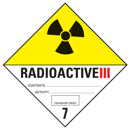 Class 7 | 7.3 Radioactive substances | With text | "Radioactive III" | Self-adhesive for Dangerous Goods Transport | Water and UV Resistant Polypropylene | BS5609 | IATA | ADR | IMDG | ADN | RID