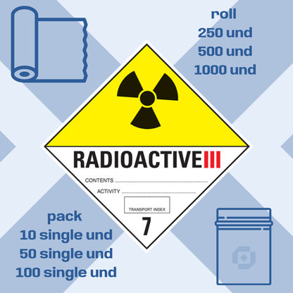 Class 7 | 7.3 Radioactive substances | With text | "Radioactive III" | Self-adhesive for Dangerous Goods Transport | Water and UV Resistant Polypropylene | BS5609 | IATA | ADR | IMDG | ADN | RID