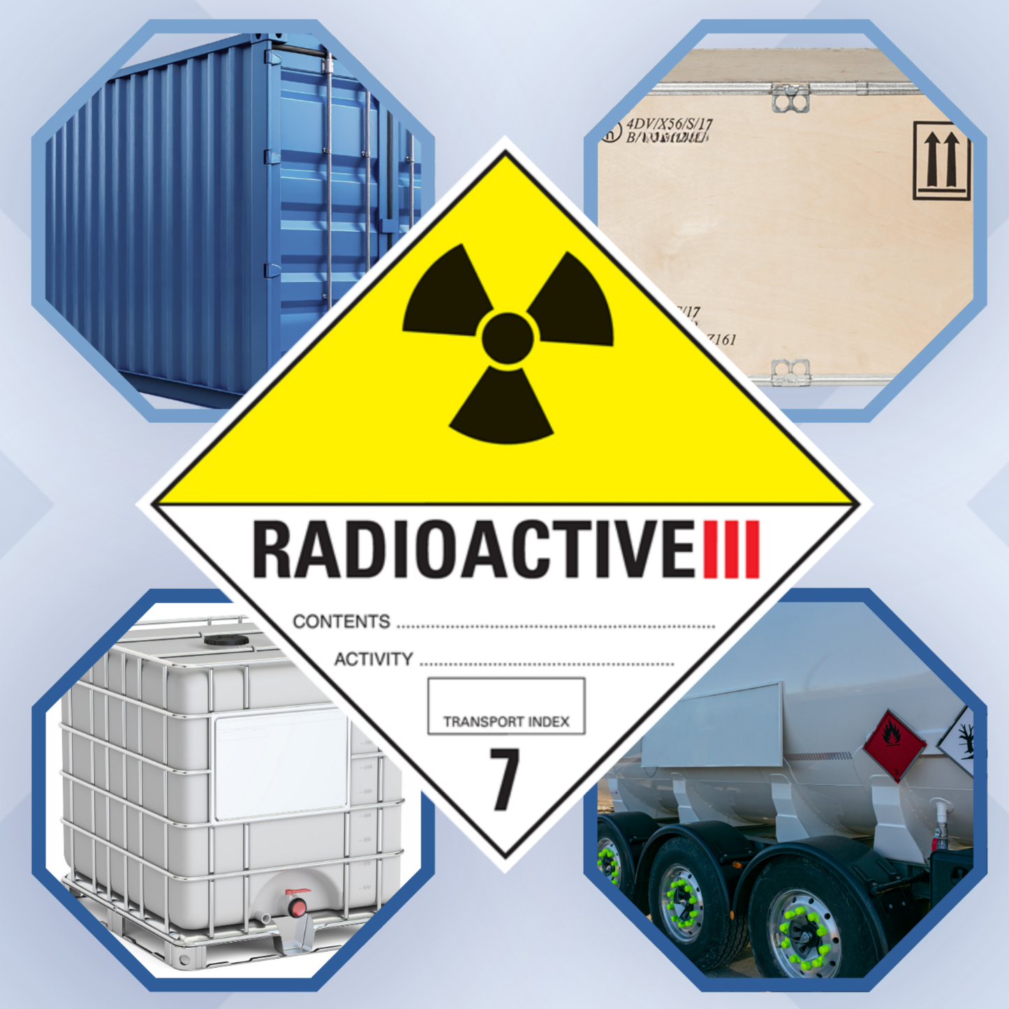 Class 7 | 7.3 Radioactive substances | With text | "Radioactive III" | Self-adhesive for Dangerous Goods Transport | Water and UV Resistant Polypropylene | BS5609 | IATA | ADR | IMDG | ADN | RID