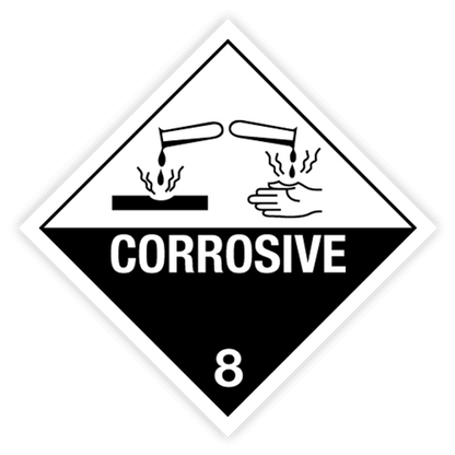 Clase 8 | 8.0 Sustancias corrosivas | Con texto | "Corrosivo" | Autoadhesivo para el transporte de mercancías peligrosas | Polipropileno resistente al agua y a los rayos UV | BS5609 | IATA | ADR | IMDG | ADN | RID