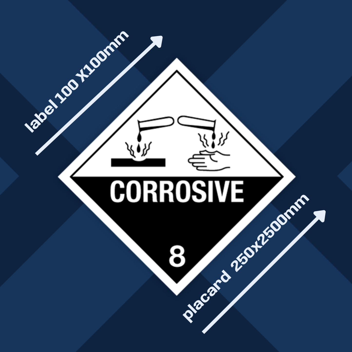 Clase 8 | 8.0 Sustancias corrosivas | Con texto | "Corrosivo" | Autoadhesivo para el transporte de mercancías peligrosas | Polipropileno resistente al agua y a los rayos UV | BS5609 | IATA | ADR | IMDG | ADN | RID