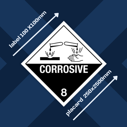 Clase 8 | 8.0 Sustancias corrosivas | Con texto | "Corrosivo" | Autoadhesivo para el transporte de mercancías peligrosas | Polipropileno resistente al agua y a los rayos UV | BS5609 | IATA | ADR | IMDG | ADN | RID