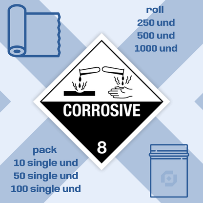 Clase 8 | 8.0 Sustancias corrosivas | Con texto | "Corrosivo" | Autoadhesivo para el transporte de mercancías peligrosas | Polipropileno resistente al agua y a los rayos UV | BS5609 | IATA | ADR | IMDG | ADN | RID