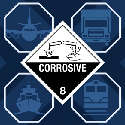 Clase 8 | 8.0 Sustancias corrosivas | Con texto | "Corrosivo" | Autoadhesivo para el transporte de mercancías peligrosas | Polipropileno resistente al agua y a los rayos UV | BS5609 | IATA | ADR | IMDG | ADN | RID