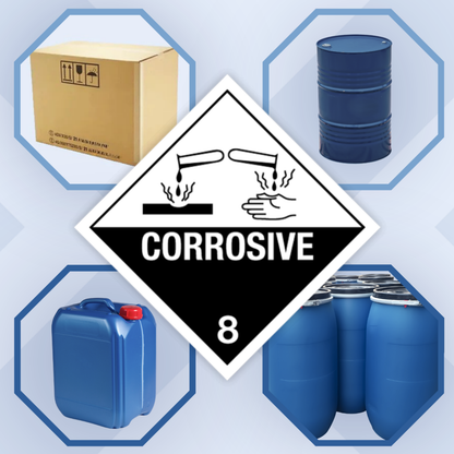 Clase 8 | 8.0 Sustancias corrosivas | Con texto | "Corrosivo" | Autoadhesivo para el transporte de mercancías peligrosas | Polipropileno resistente al agua y a los rayos UV | BS5609 | IATA | ADR | IMDG | ADN | RID