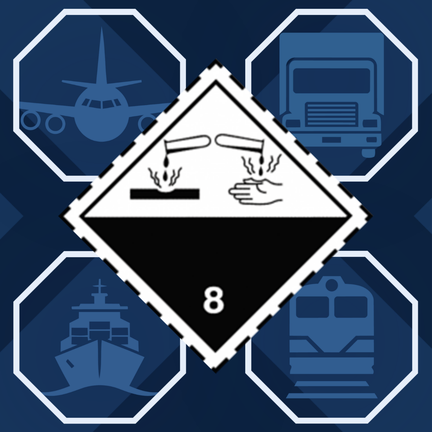 Clase 8 | 8.0 Sustancias corrosivas | Sin texto | Autoadhesivo para el transporte de mercancías peligrosas | Polipropileno resistente al agua y a los rayos UV | BS5609 | IATA | ADR | IMDG | ADN | RID